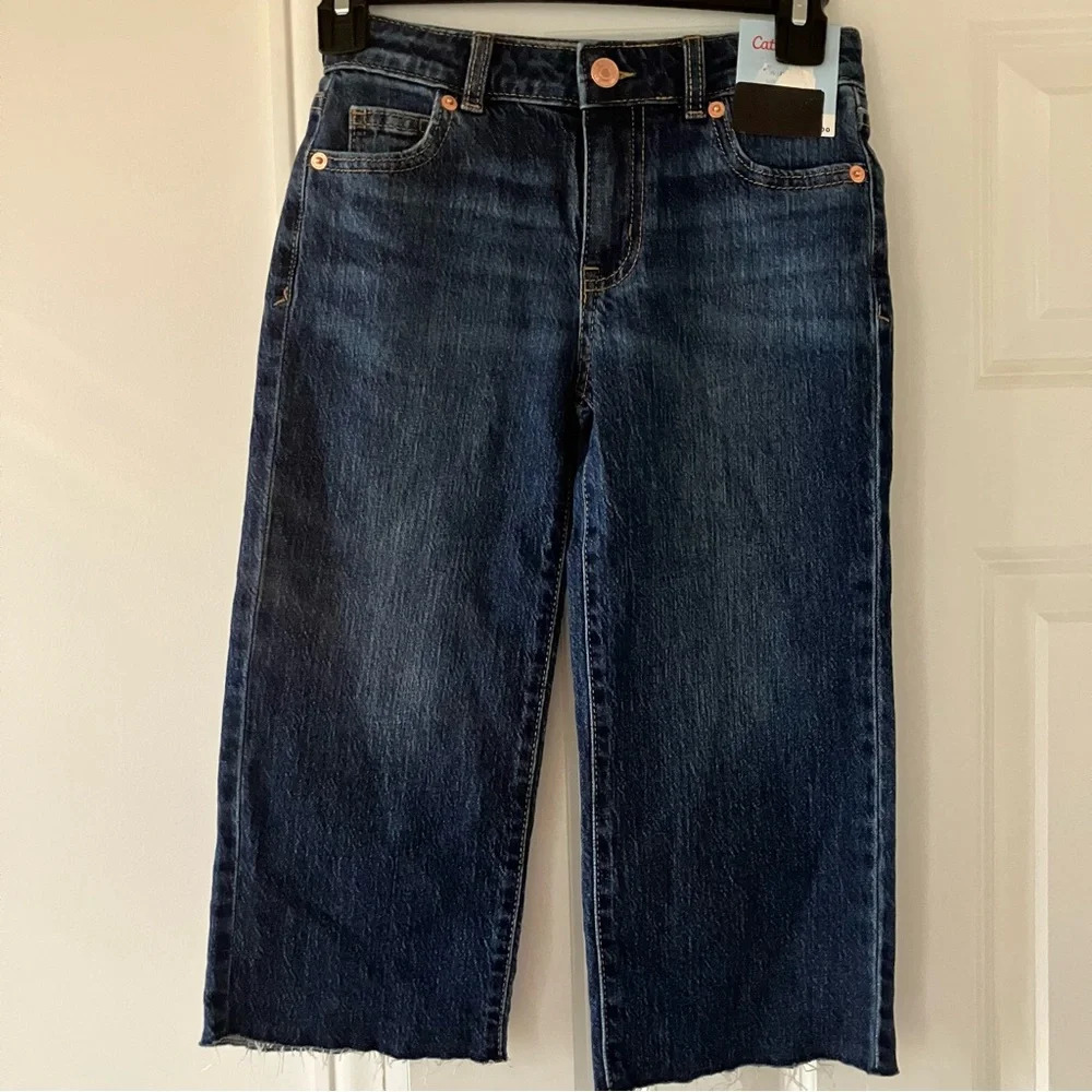 🐱 NWT Cat & Jack Girls’ Adjustable Waist Wide Leg Denim Blue Jeans with Raw Edge